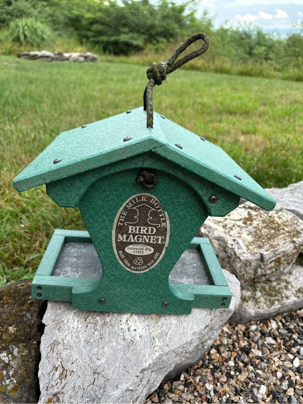 The Milk Bottle Vintage Bird Magnet Green Bird Feeder made from recycled bottles